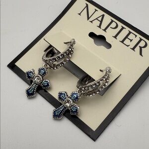 NWT Napier Silver and Blue Cross Dangle Earrings